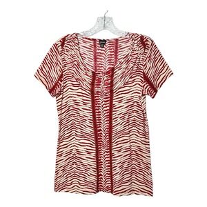 Rafaella Womens Size S Top Red Cream Ruffle Cinched Scoop Neck Line Short Sleeve